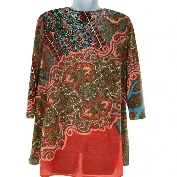 French Blue Women's Multicolor Paisley Shirt Back Embroidered 3/4 Sleeves Top XL - Picture 2 of 6